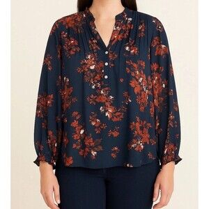 NYDJ Women’s XL Navy Blue Floral Blouse Long Sleeve Button Front Tunic Top